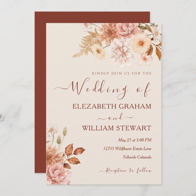 Chic Rustic Terracotta Boho Fall Foliage Wedding Invitation (Front/Back)