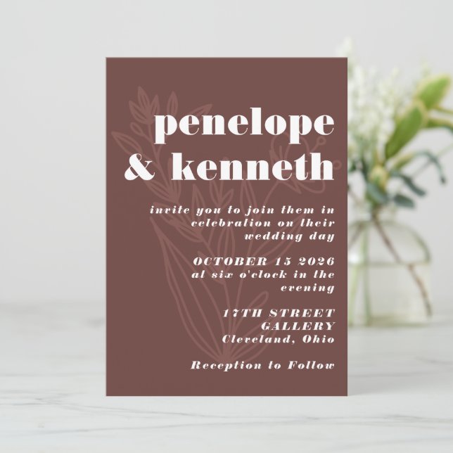 Chic Rustic Terracotta Floral Line Art Wedding Invitation (Standing Front)