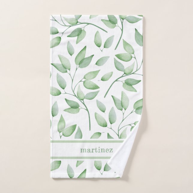 Chic Rustic Watercolor Botanical Leaves and Name Hand Towel (Hand Towel)