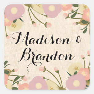 Chic Rustic Watercolor Floral Custom Wedding Square Sticker