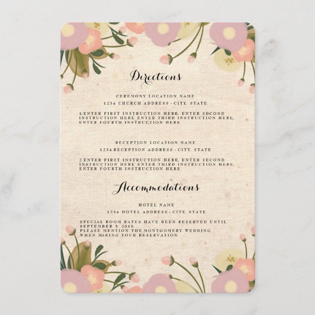 Chic Rustic Watercolor Floral Wedding Directions Enclosure Card (Front)
