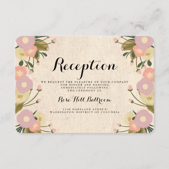 Chic Rustic Watercolor Floral Wedding Reception Enclosure Card (Front)