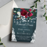 Chic rustic winter floral wedding rehearsal dinner invitation<br><div class="desc">Rustic elegant winter wedding rehearsl dinner stylish invitation template on a dark midnight blue chalkboard featuring a beautiful dark red burgundy and white peonies bouquet with hunter green foliage, strings of white twinkle lights, lace corners, and a chic typography script. Easy to personalize with your details! The invitation is suitable...</div>