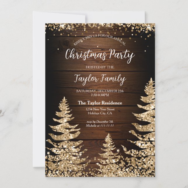 Chic RusticWood Glitter Christmas Tree Party Invitation (Front)