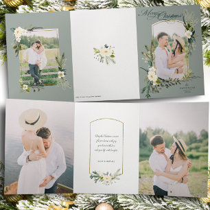 Chic Sage Christmas Botanical w/Gold Arched Photo Tri-Fold Card