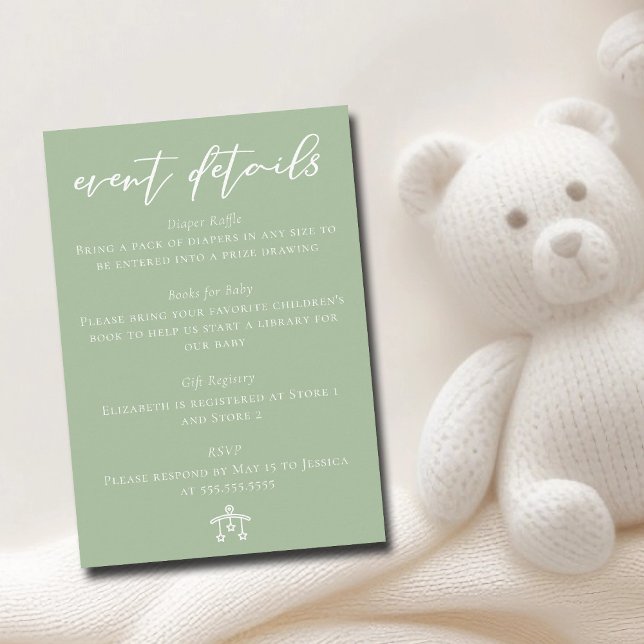 Chic Sage Green Baby Shower Event Details Enclosure Card (Creator Uploaded)