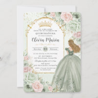 Chic Sage Green Blush Floral Princess Quinceañera