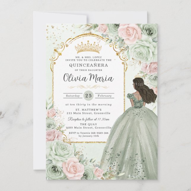 Chic Sage Green Blush Floral Princess Quinceañera  Invitation (Front)