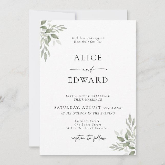 Chic Sage Green Foliage Wedding Invite (Front)