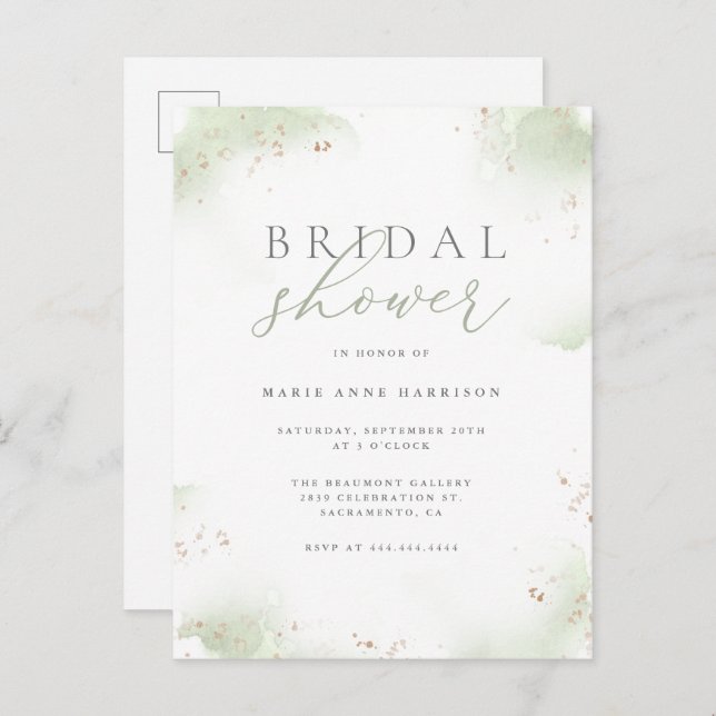 Chic Sage Green Gold Dust Bridal Shower Invitation Postcard (Front/Back)