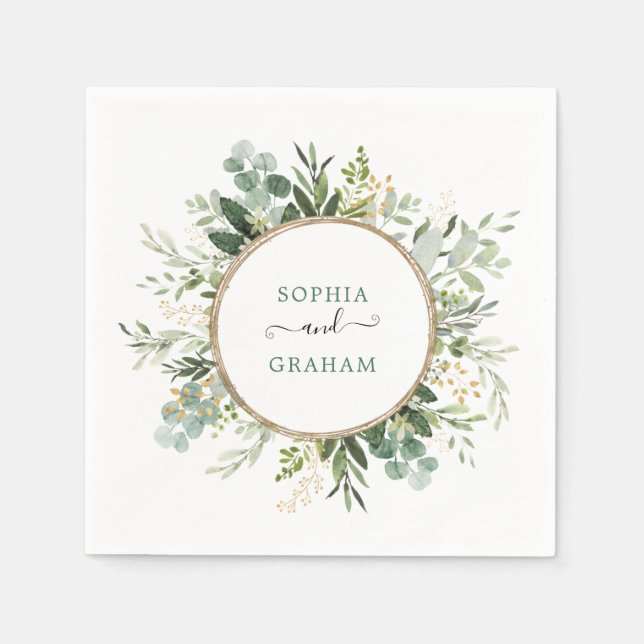 Chic Sage Green Gold Garden Greenery Wedding Napkin (Front)