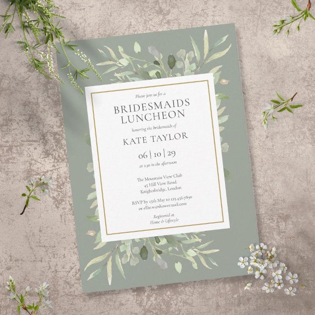Chic Sage Green Gold Greenery Bridesmaids Luncheon Invitation (Creator Uploaded)