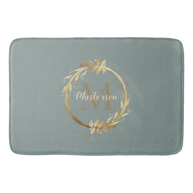 Chic Sage Green Gold Monogram Eucalyptus Wreath Bath Mat (Front)