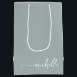 Chic Sage Green Monogram Name Script Medium Gift Bag<br><div class="desc">Elegant Modern Sage Green Delicate Glam Monogram Name Script Signature Custom Personalized Gift Bag. This design featuring your first name in a pretty hand lettered style swash tail font signature typography (or calligraphy) on sage green or dusty green colour background. These are easy to customize it. This feminine gift bag...</div>