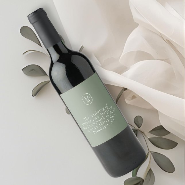 Chic Sage Green Monogram Wedding Wine Label (Creator Uploaded)