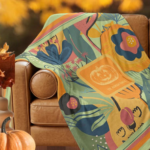 Chic Sage Green Mustard Yellow Fall Floral Pumpkin Fleece Blanket