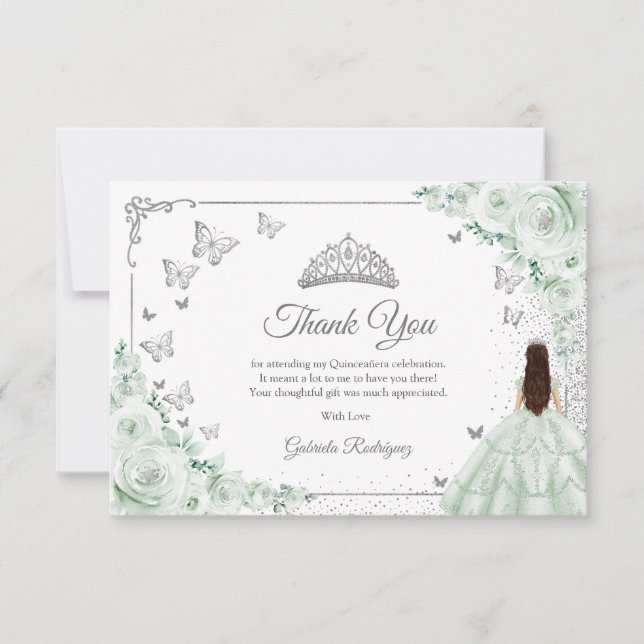 Chic Sage Green Roses Silver Quinceanera Thank You Card (Front)