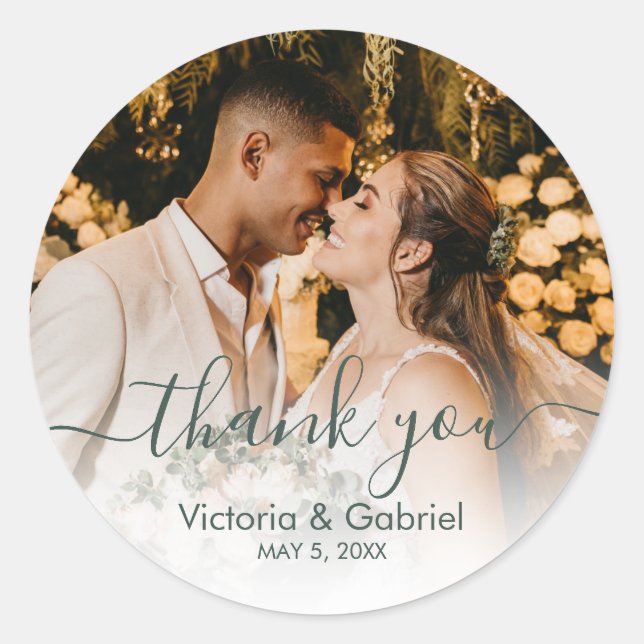 Chic Sage Green Script Wedding Photo Thank You Classic Round Sticker (Front)