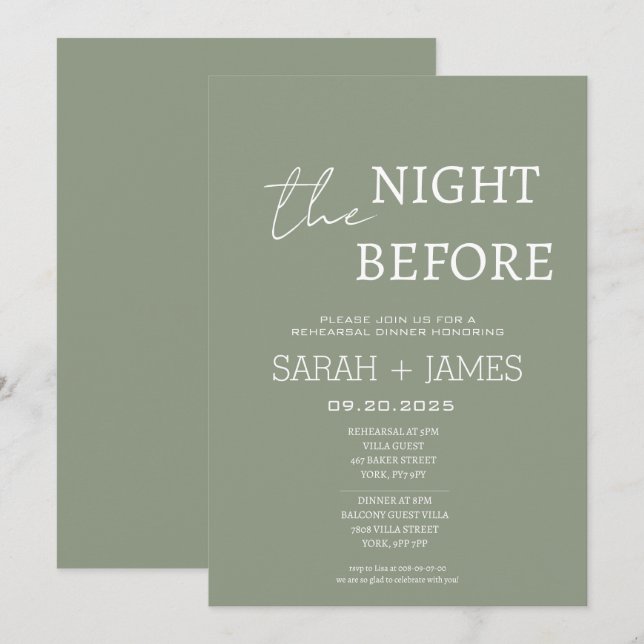 Chic Sage Green the Night Before Rehearsal Dinner  Invitation (Front/Back)
