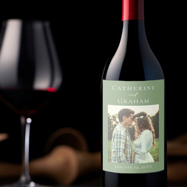 Chic Sage Green Wedding Personalized Photo Wine Label (Creator Uploaded)