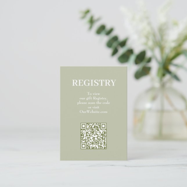 Chic Sage Green Wedding Registry QR Code Enclosure Card (Standing Front)