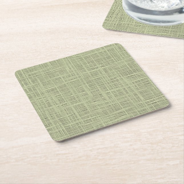 Chic Sage Herb Green Faux Jute Fabric Pattern Square Paper Coaster (Angled)