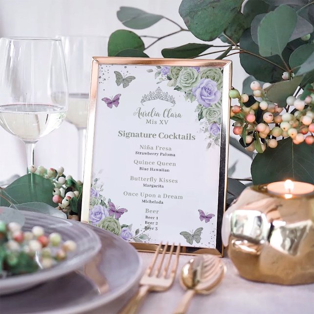 Chic Sage Purple Floral Quinceanera Bar Drink Menu Photo Print (Creator Uploaded)