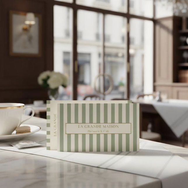 Chic Sage Stripes French Bakery QR Code Pastry  Business Card (Creator Uploaded)