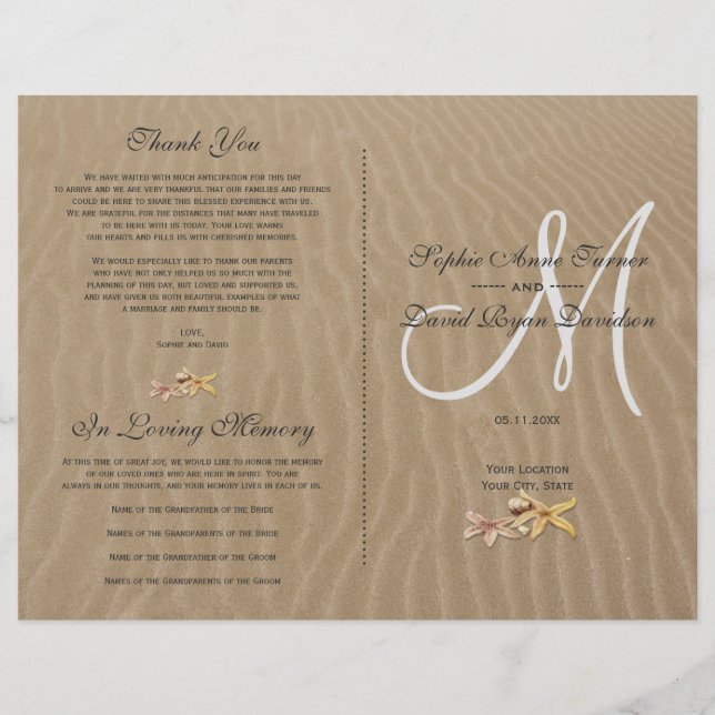 Chic Sand and Starfishes Beach Wedding Program (Front)