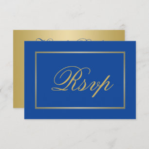 Chic Sapphire Blue Gold Script Calligraphy Wedding RSVP Card