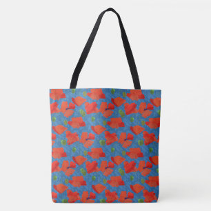 Chic Scarlet Field Poppies Floral Pattern on Blue Tote Bag