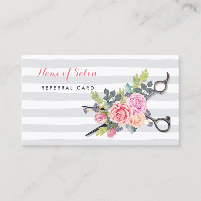 Chic Scissors Stripes and Roses Friend Referral Card (Front)