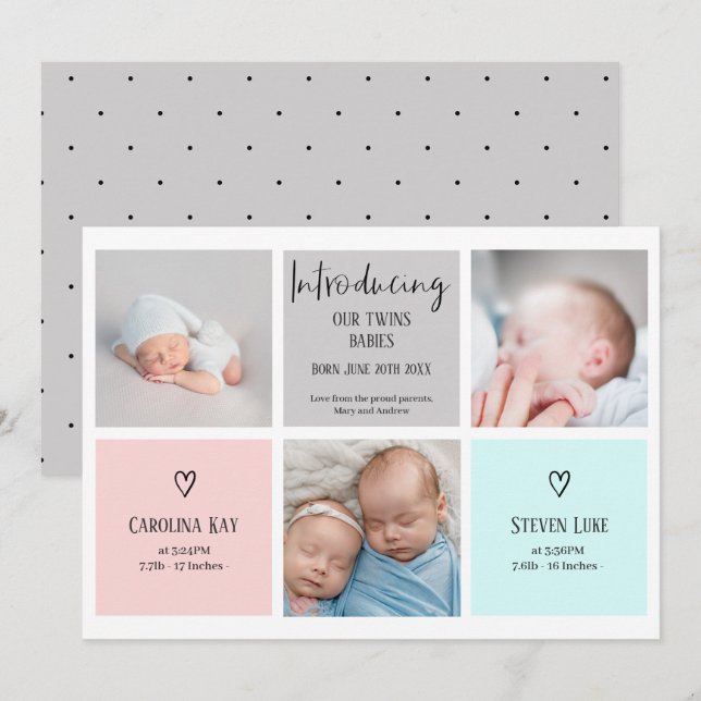 Chic script 3 photo collage baby twins birth announcement (Front/Back)