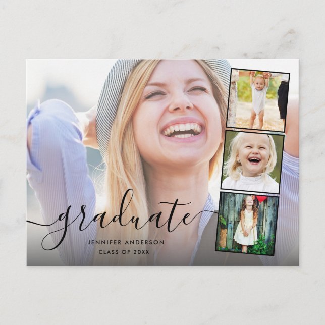 Chic Script 4 Photo Collage Graduation Invite Postcard (Front)