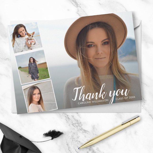 Chic Script 4 Photo Collage Graduation Thank You Invitation (Creator Uploaded)