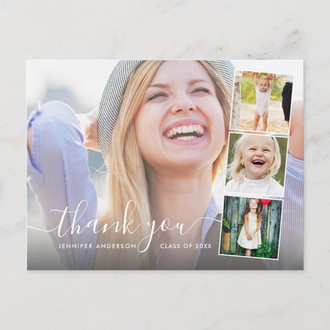 Chic Script 4 Photo Collage Graduation Thank You Postcard (Front)