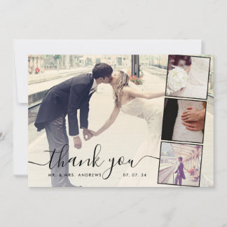 Chic Script 4 Photos Collage Wedding Thank You Card