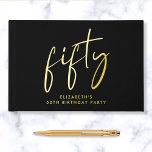 Chic Script 50th Birthday Party Guest Book<br><div class="desc">Elevate her 50th birthday party with this elegant black guestbook featuring genuine gold foil,  "fifty" in a large chic script and her name in modern typography. Personalize the title on the spine and change the foil colour to silver or rose gold if desired.</div>
