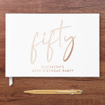 Chic Script 50th Birthday Party Rose Gold Guest Book<br><div class="desc">Elevate her 50th birthday party with this elegant white guestbook featuring genuine rose gold foil,  "fifty" in a large chic script and her name in modern typography,  Personalize the title on the spine and change the foil colour to silver or gold if desired.</div>