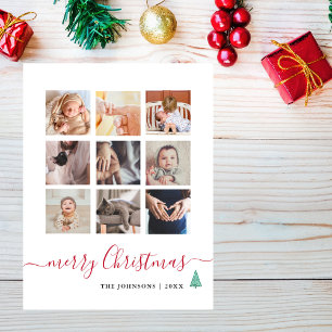 Chic Script 9 Photo Collage Elegant Christmas  Holiday Card