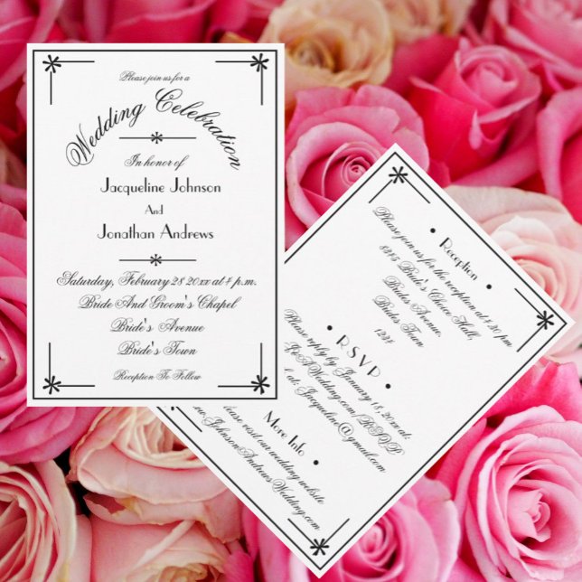 Chic Script All In One RSVP Email Website Wedding  Invitation (Romantic white wedding invitations. Chic script, all in one, includes RSVP, email, website etc.)