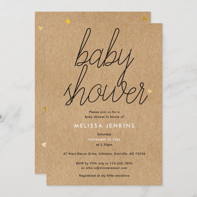 Chic Script Baby Shower Gold Hearts Rustic Kraft Invitation (Front/Back)