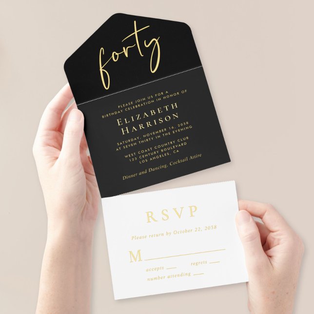 Chic Script Black 40th Birthday Party All In One Invitation (Creator Uploaded)