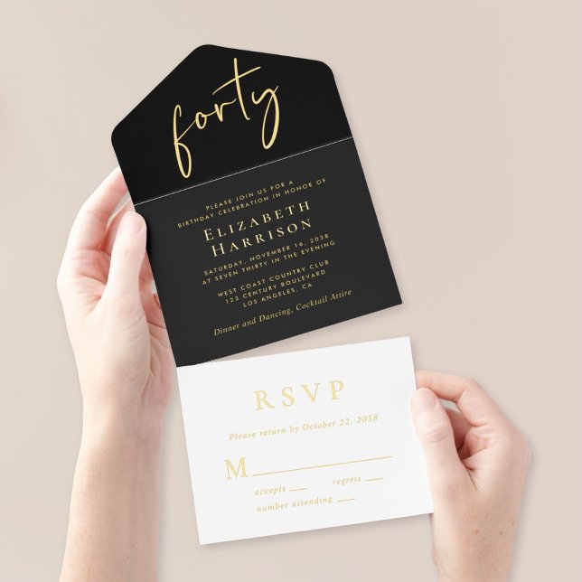 Chic Script Black 40th Birthday Party All In One Invitation (Creator Uploaded)