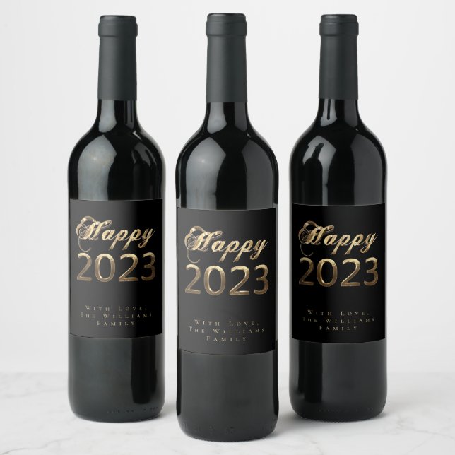 Chic Script Black and Gold Happy New Year 2023 Wine Label (Bottles)