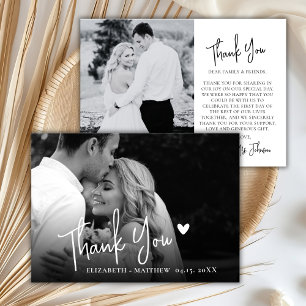 Chic Script Black and White 2 Photo Wedding  Thank You Card
