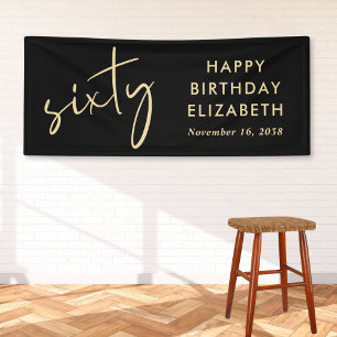 Chic Script Black Gold 60th Birthday Party Banner