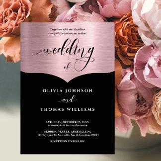 Chic Script Black Metallic Rose Gold Wedding Invitation