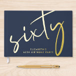 Chic Script Blue 60th Birthday Party Guest Book<br><div class="desc">An chic dark blue guestbook for her 60th birthday party featuring your choice of genuine gold,  silver or rose gold foil,  "sixty" in an elegant oversized script,  her name in simple lettering and your personalized title on the spine.</div>