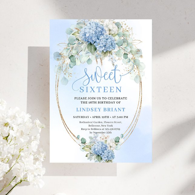 Chic Script Blue Hydrangea Gold Sweet Sixteen Invitation (Chic Script Blue Hydrangea Gold Sweet Sixteen)